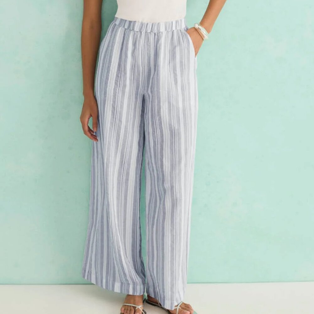 Splendid Raegan Stripe Wide-Leg Pant In White/Seaport Linen Blend Beach Party